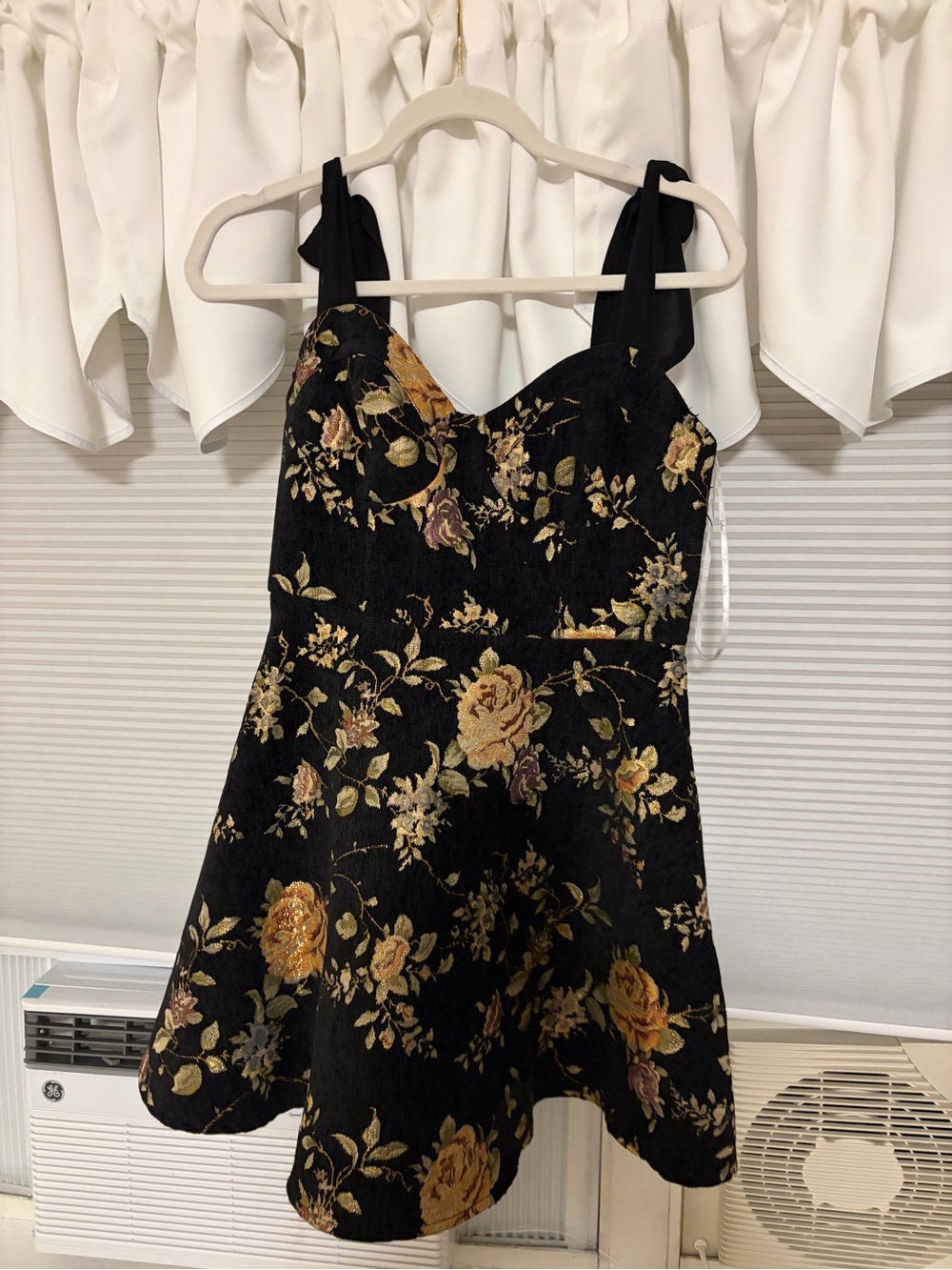 Lulu's Black Floral Fit-and-Flare Mini Dress with Gold Rose Accents